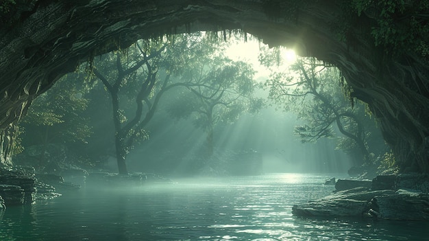 a river with a boat and trees in the background