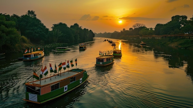 a river with boats and a sunset on the water