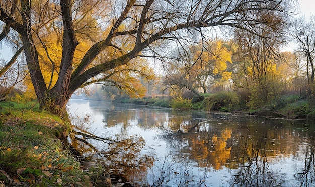 a river with a bridge in the background and a tree with yellow leaves