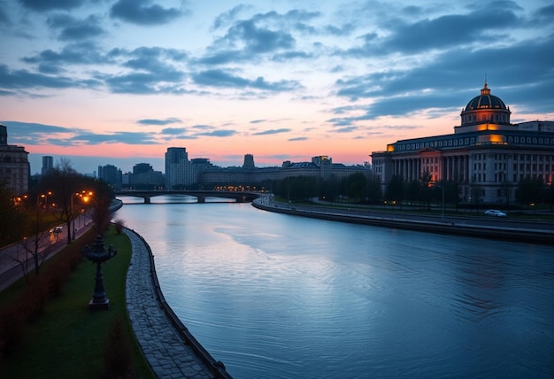 a river with a bridge and a bridge in the background