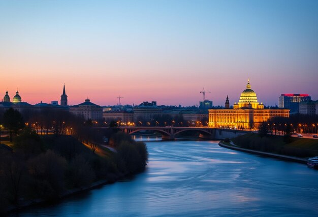 a river with a bridge and a bridge with a city in the background