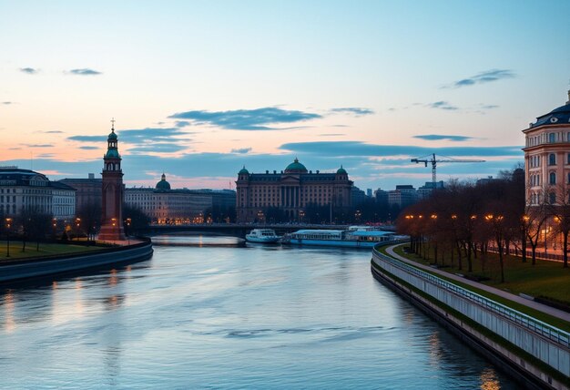 a river with a bridge and a bridge with a river and a city in the background