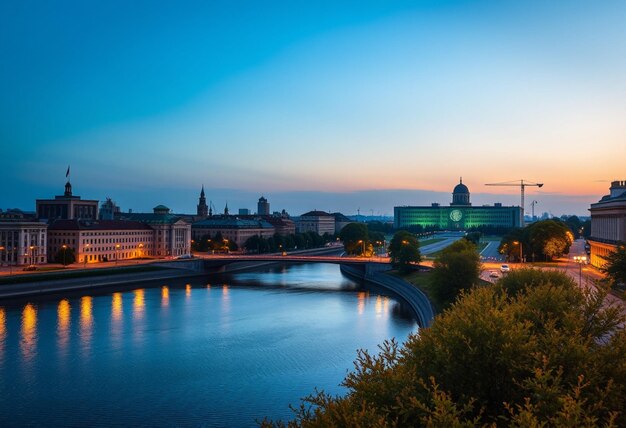 a river with a bridge and a city in the background