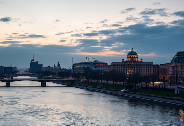 a river with a bridge and a city in the background