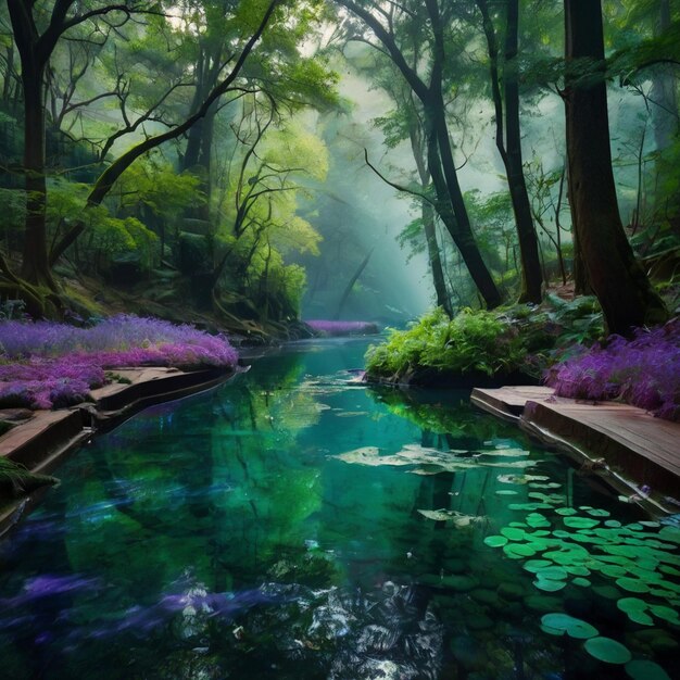 Photo a river with a bridge and lily pads in the water