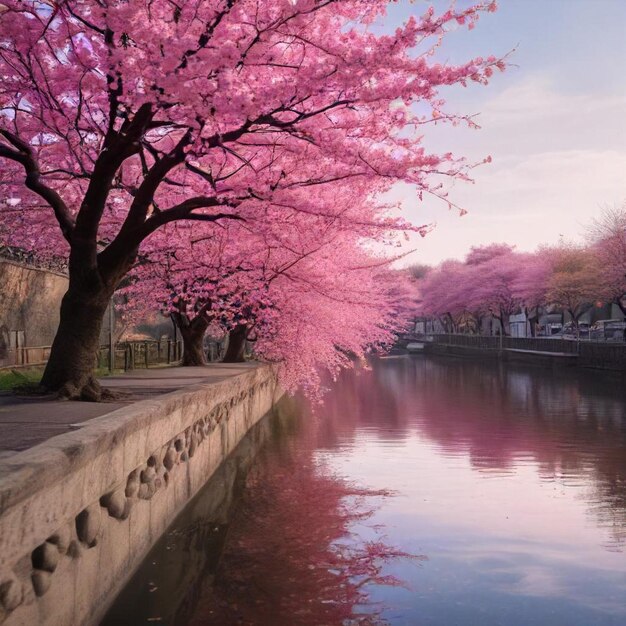 Photo a river with a bridge and a pink cherry blossom tree