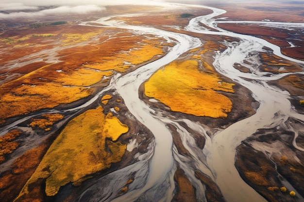 Photo a river with fall colored trees and mountains in the background