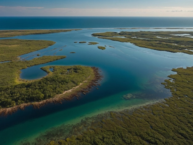 a river with a few islands in the water