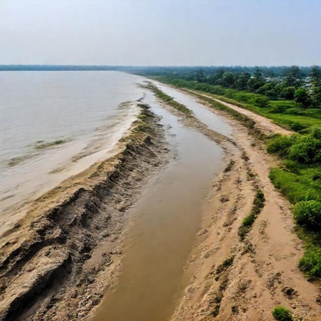 a river with a few water levels in the background