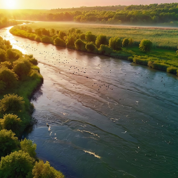 a river with a flock of birds flying over it