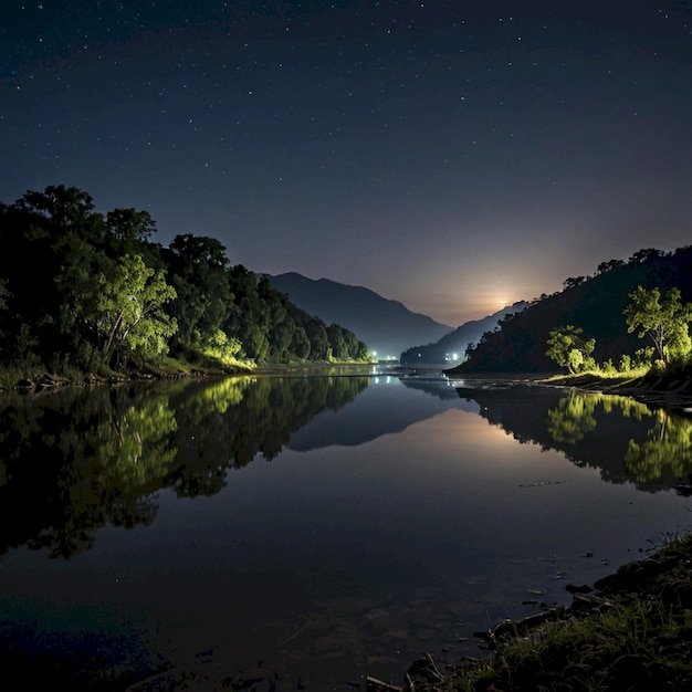 Photo a river with a full moon and trees in the background