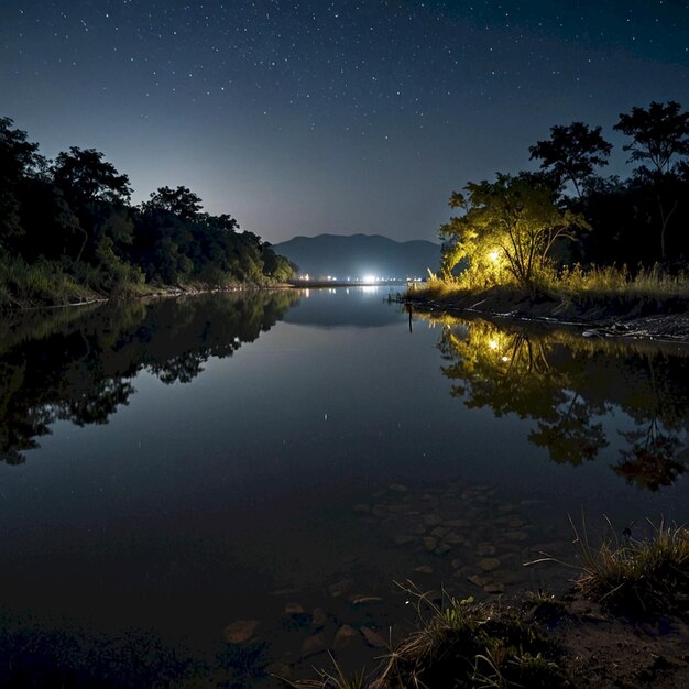 Photo a river with a full moon and trees in the background