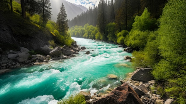 A river with a green river in the foreground and a forest in the background.