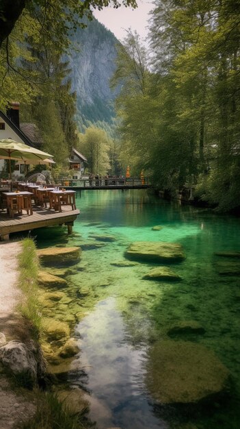 A river with a green surface and a building with a blue roof and a sign that says " oktoberfest ".