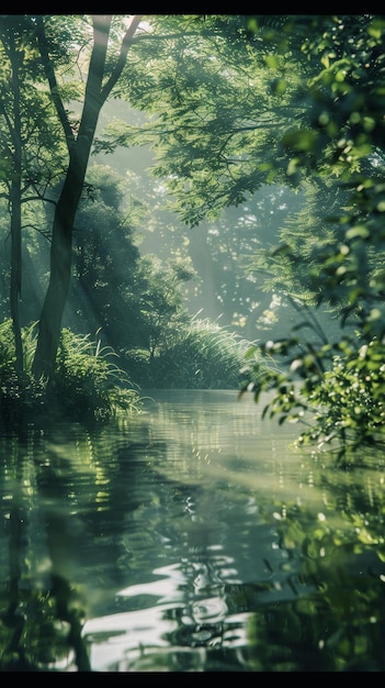 a river with a green water and trees in the background