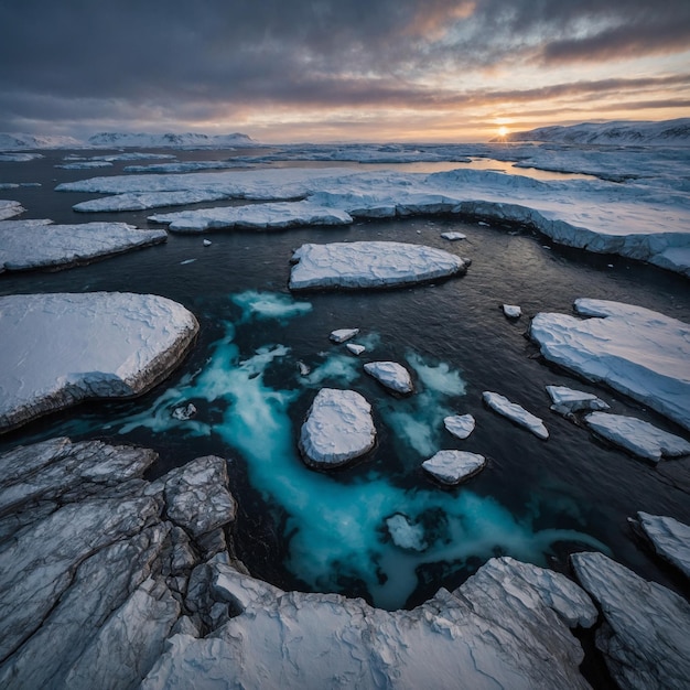 Photo a river with ice and a sky with the sun setting behind it