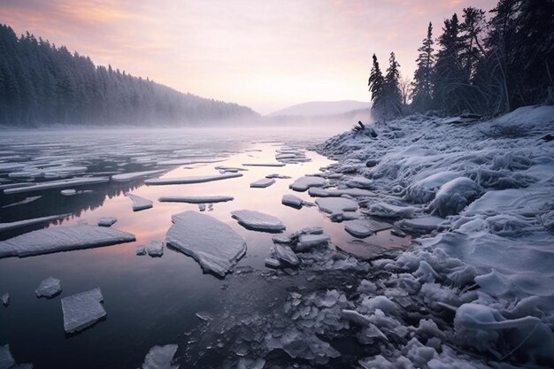 A river with ice and snow on the ground and trees in the background.