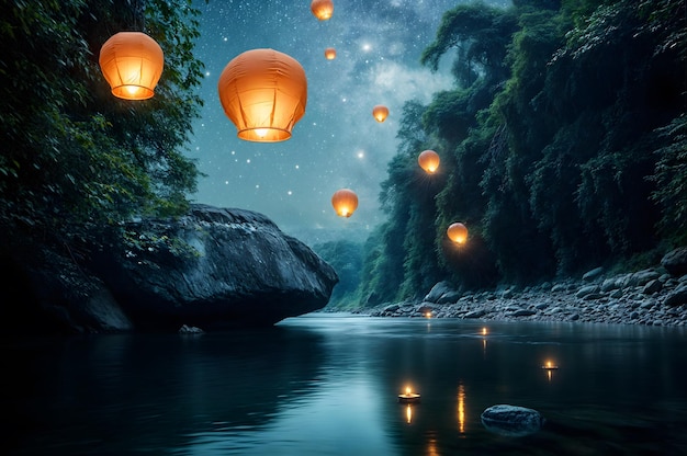 a river with lanterns and trees in the background