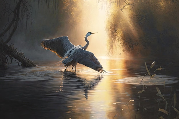 River with large heron gliding on surface of water in sunrays generative ai