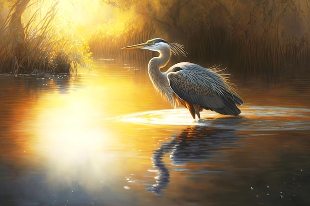 River with large heron gliding on surface of water in sunrays generative ai