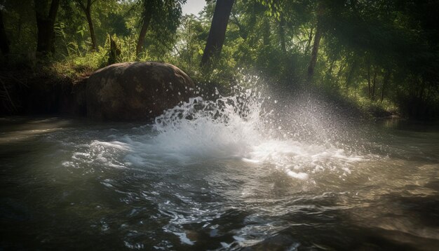 A river with a large rock in the foreground and a water splashing up in the air.