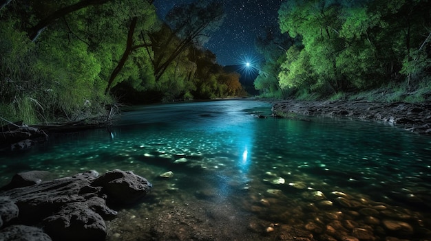 A river with a light on it and the moon in the background