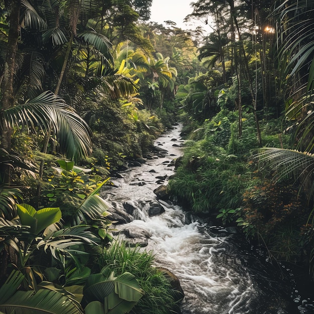 Photo a river with a lush green forest on either side