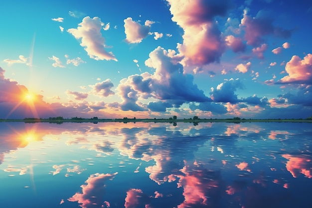 river with majestic clouds reflection fantasy landscape illustrations background