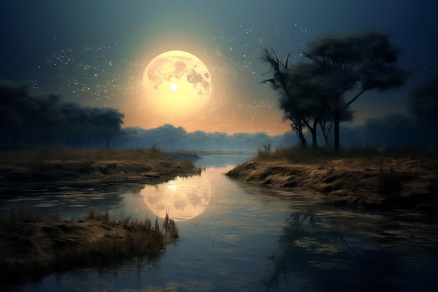 The River with the Moon Bizarre Landscape in Conceptual Visual Art Natural Fantasy Art AI