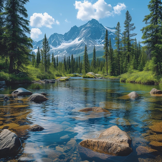 a river with a mountain in the background and a mountain in the background