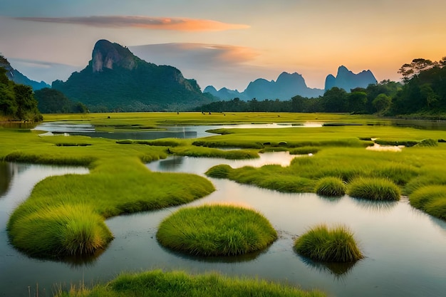 A river with mountains in the background and a sunset in the background.