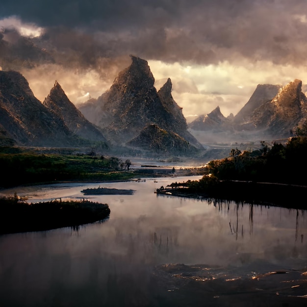 A river with mountains in the background