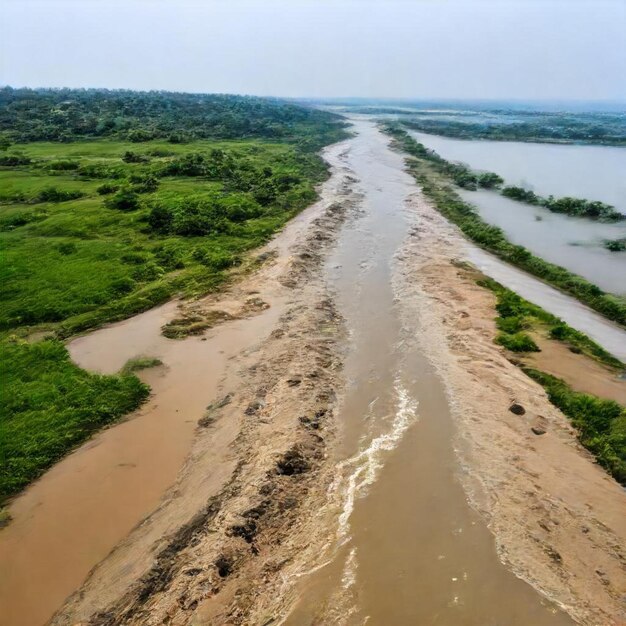 a river with a muddy bank and a water flowing through it