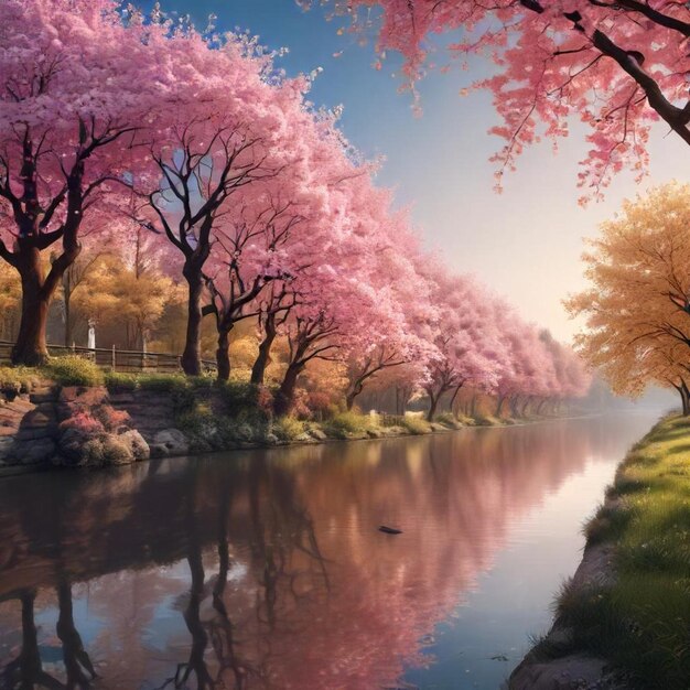 Photo a river with a painting of cherry blossom trees in bloom