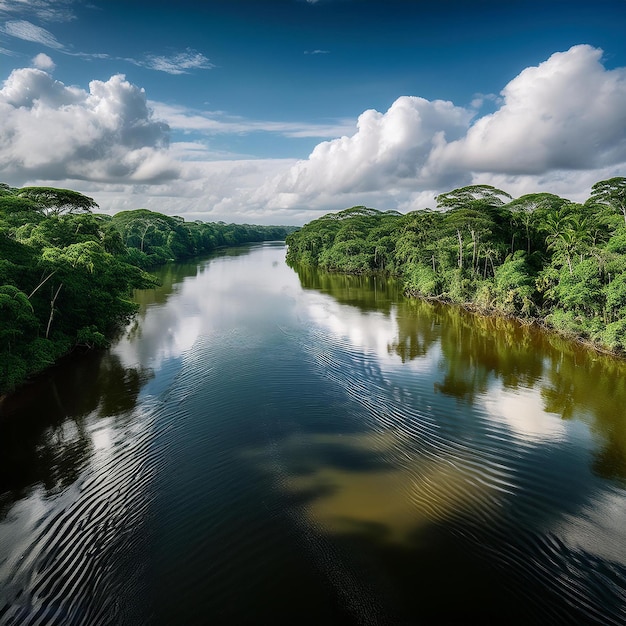 Photo a river with a palm tree in the background and a reflection of a sky in the water