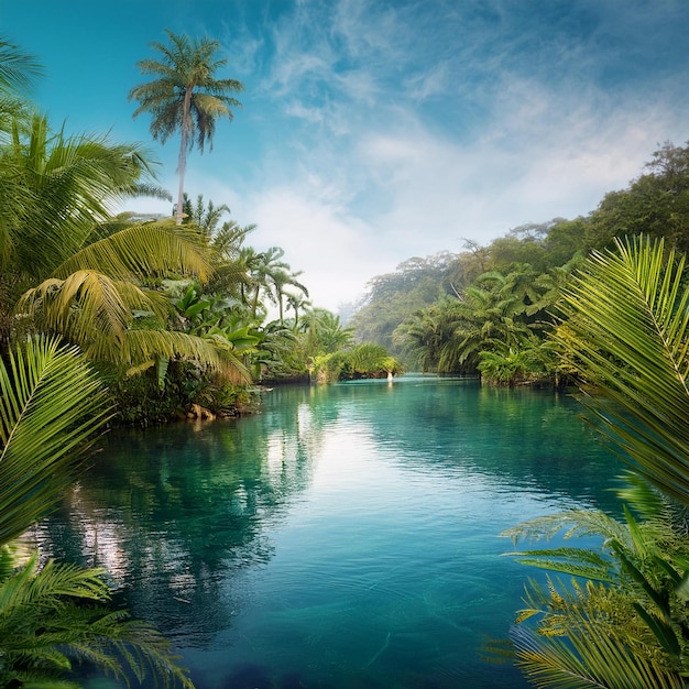 a river with a palm tree and a blue sky with a reflection in it