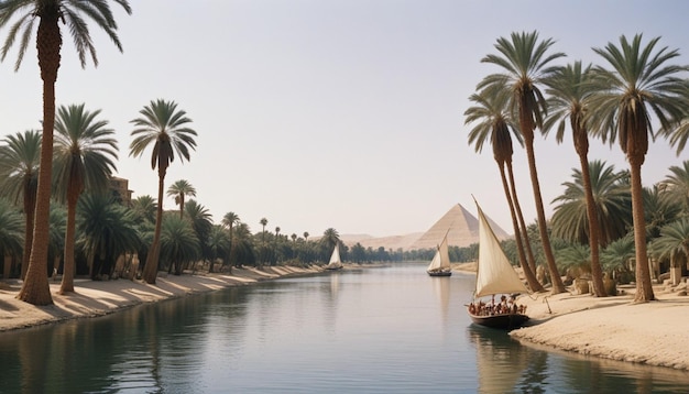 Photo a river with palm trees and boats on it