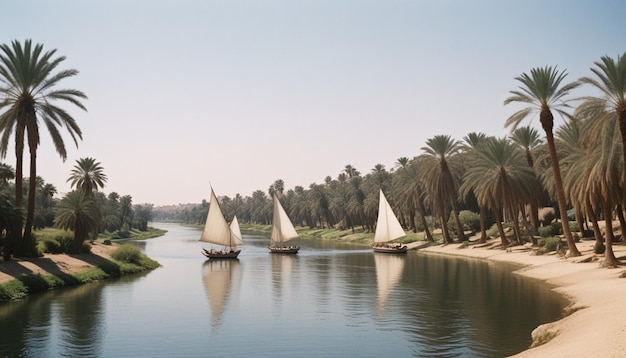 Photo a river with palm trees and boats with palm trees in the background