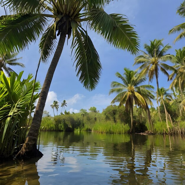 a river with palm trees and a body of water with a blue sky in the background