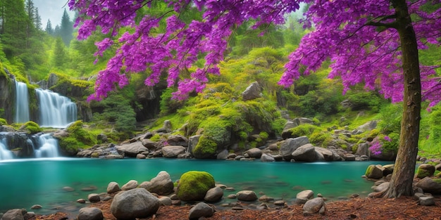 A river with purple flowers in the foreground and a blue river in the background.