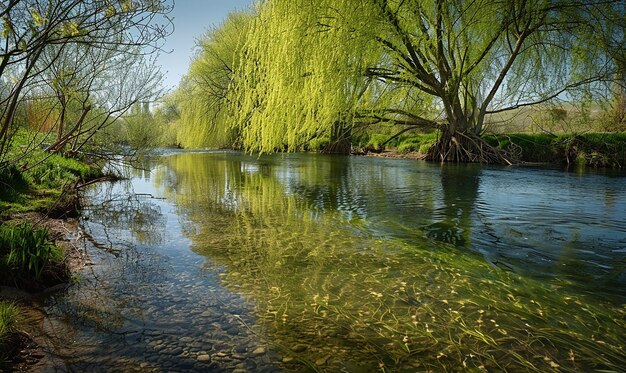 a river with a reflection of a tree in it