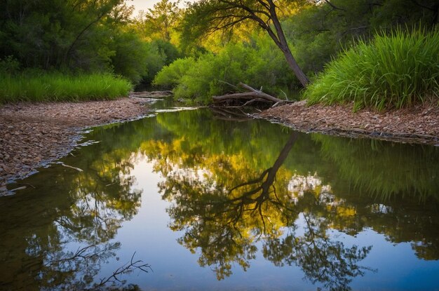 Photo a river with a reflection of trees and a tree in the water