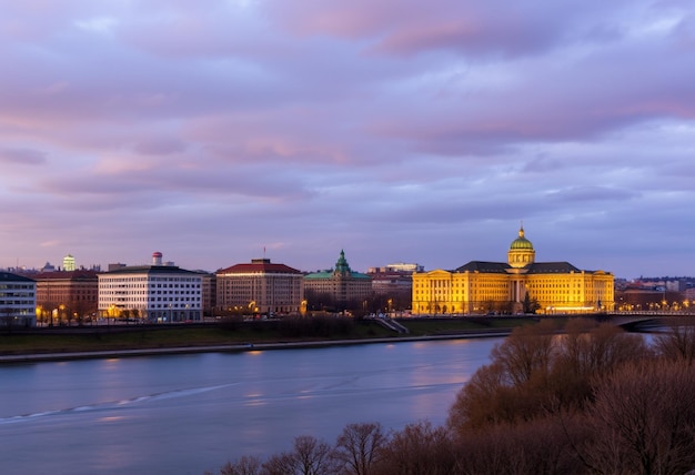 a river with a river and a city in the background