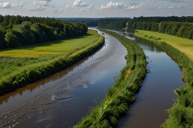 Photo a river with a river running through it and a forest in the background