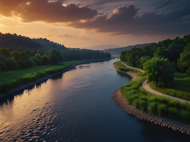 Photo a river with a road and trees on the side