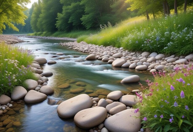 Photo a river with rocks and flowers in the foreground and a river with rocks in the foreground