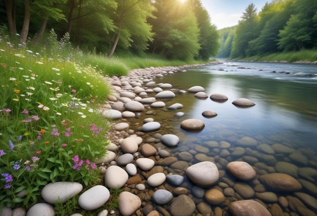 Photo a river with rocks and flowers in the foreground and a river with trees in the background