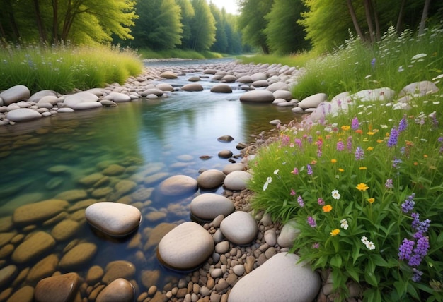 Photo a river with rocks and flowers in it and a river with rocks in the foreground