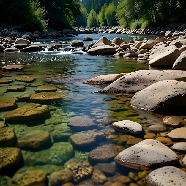 a river with rocks and trees in the background and a river with rocks in the foreground