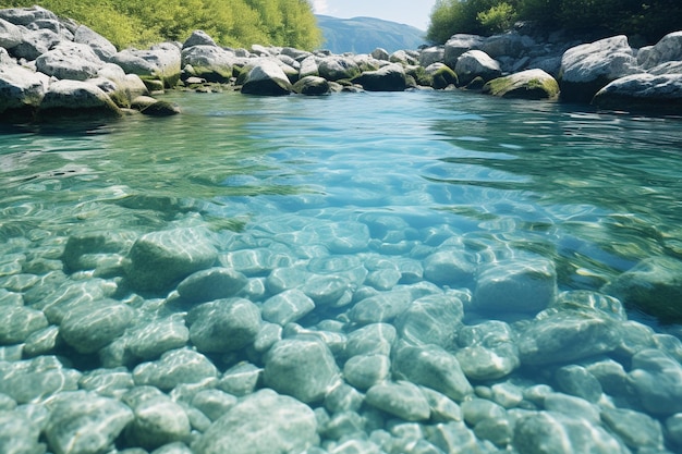 Photo a river with rocks and trees in the background and the water is clear